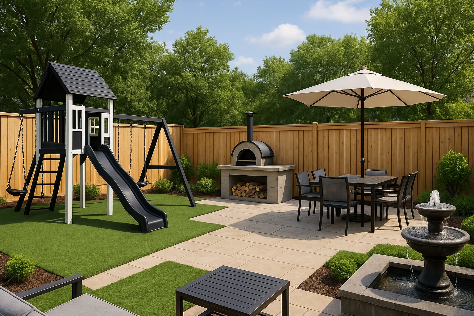 Family backyard design with outdoor playset, pizza oven and fountain