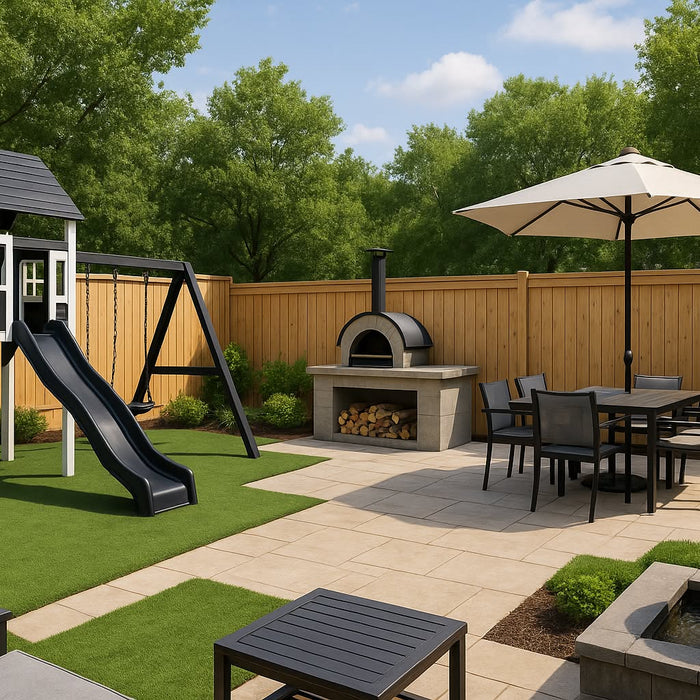 Family backyard design with outdoor playset, pizza oven and fountain