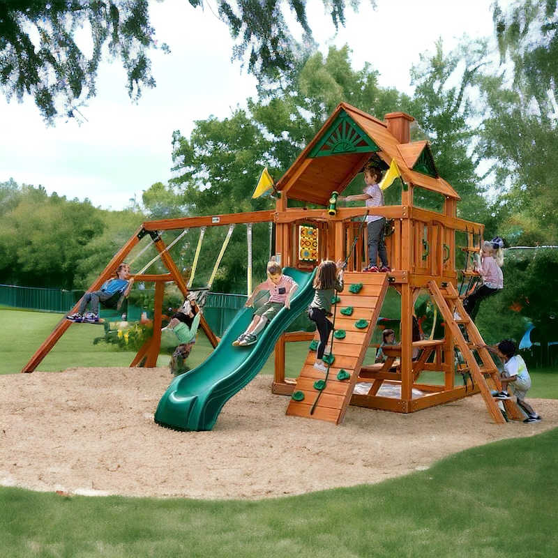 Gorilla Playsets Chateau Swing Set with kids playing