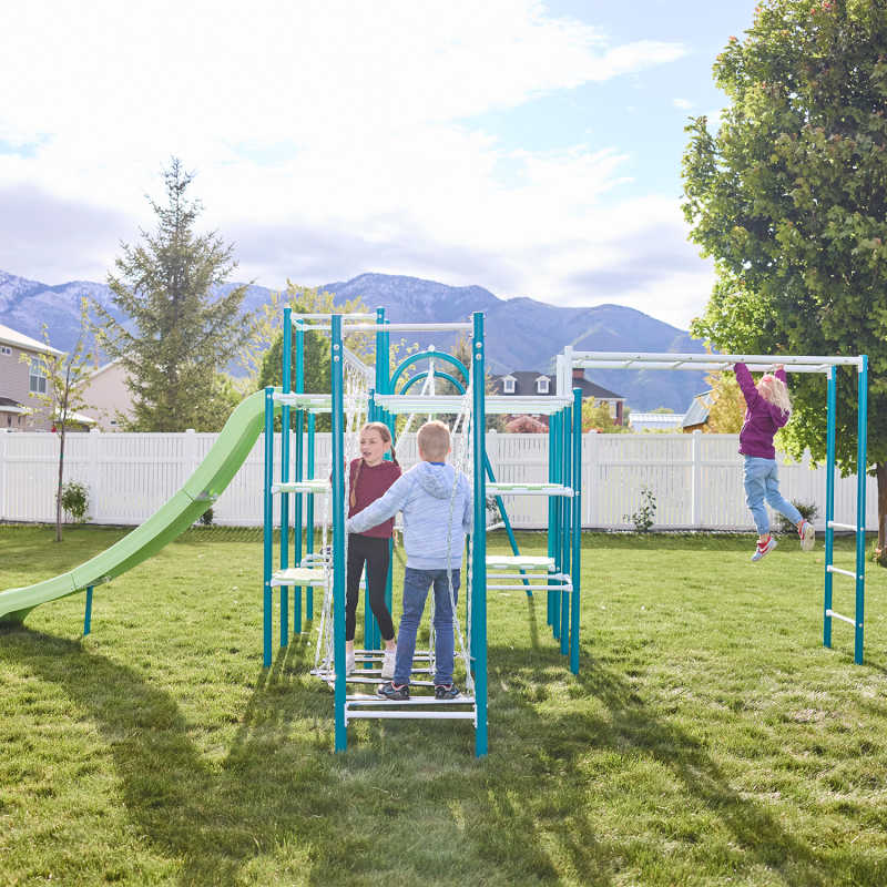 Metal Backyard Playground with kids playing in a yard