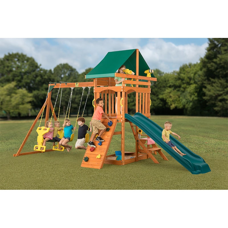 Creative Cedar Designs Swing Set with kids playing