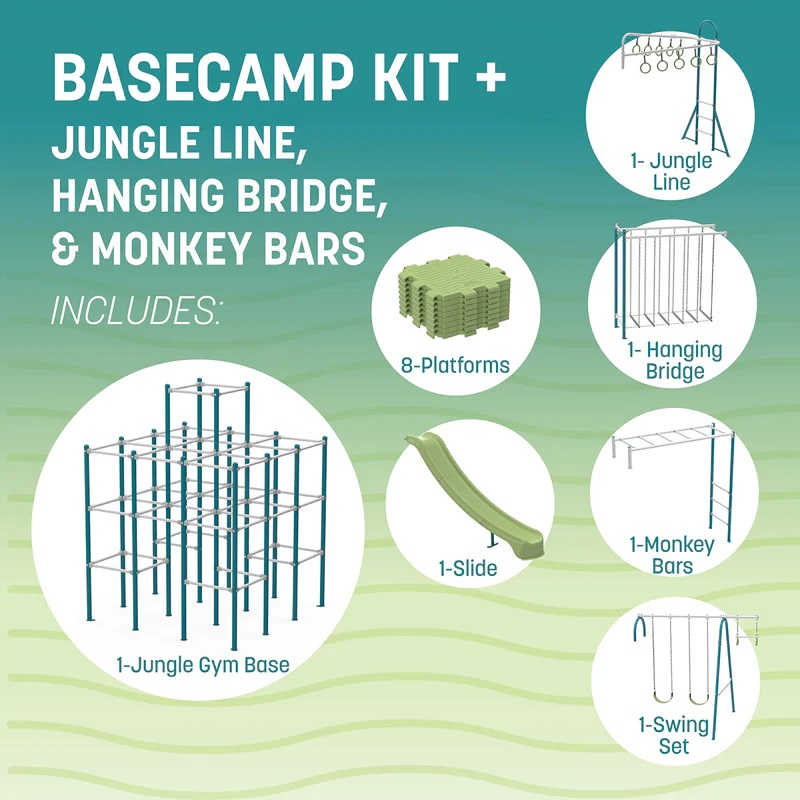 ActivPlay Base Camp Playground + Hanging Bridge, Jungle Line, Monkey Bars Modules - APJGC108 contents