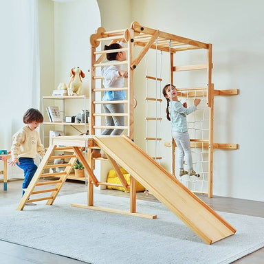 Avenlur Grove - Indoor Jungle Gym Natural Wood Three Kids Playing
