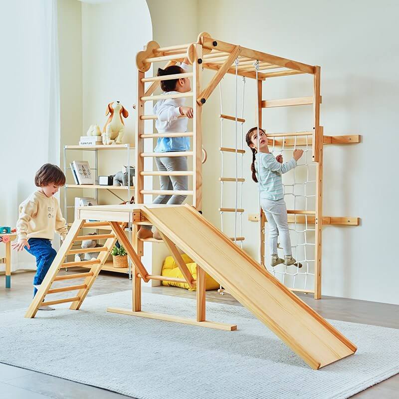 Avenlur Grove - Indoor Jungle Gym Natural Wood Three Kids Playing