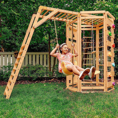 Avenlur Hawthorn - Outdoor Climber with Monkey Bars, Swing, and Octagon Climber Showing A Girl On A Swing