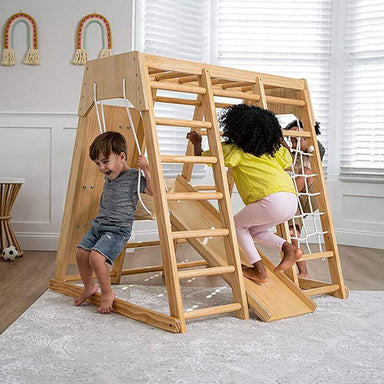 Avenlur Magnolia - Real Wood 7-in-1 Playset Natural Corner View Boy Swinging