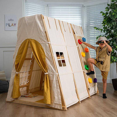 Avenlur Magnolia Tent Covering For Large Magnolia Playset Corner View With A Kid Holding Binoculars