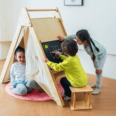 Avenlur Oak - Wood Learning Tent and Climber with Desk and Chair Corner View Showing 3 Kids