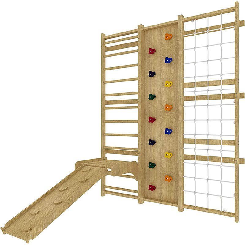 Avenlur Walnut - 9-in-1 Swedish Ladder Wall Gym Set Corner View With Slide
