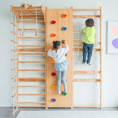 Avenlur Walnut - 9-in-1 Swedish Ladder Wall Gym Set Front View Kids Climbing The Rockwall And Rope Wall