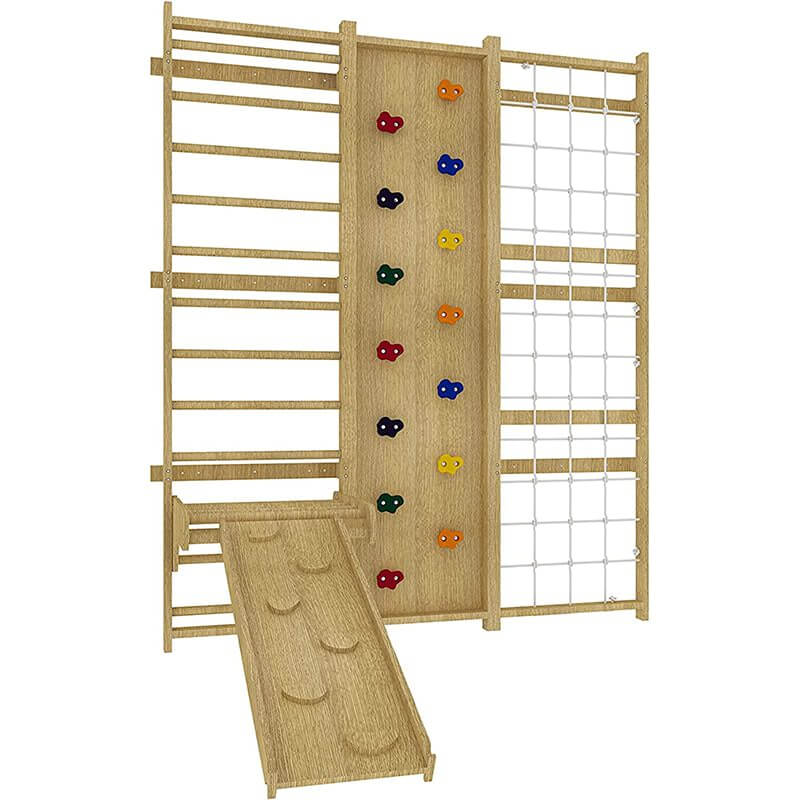 Avenlur Walnut - 9-in-1 Swedish Ladder Wall Gym Set Front View With Slide