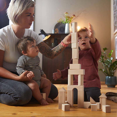 Basic Building Blocks 102 Piece Extra Large Wooden Starter Set with a grandma and kids