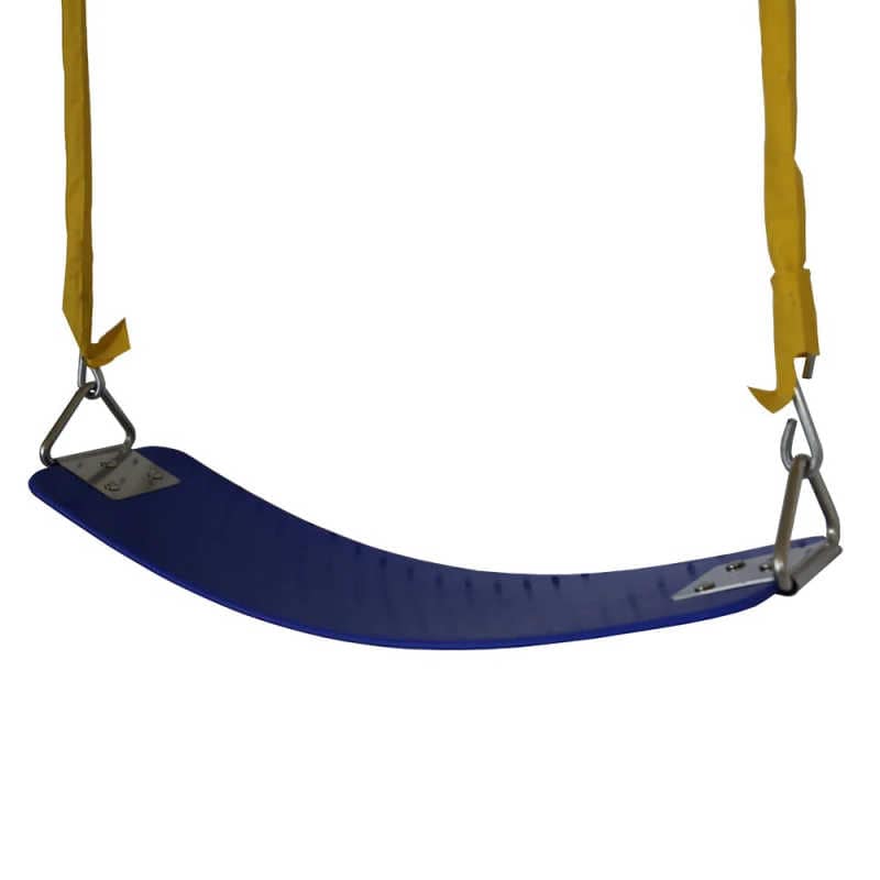 Belt swing with blue seat and yellow sleeves over chains