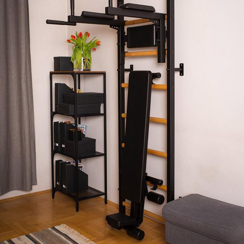 BenchK Wall Bars 733 for Home Gym Black Detailed Workout Bench Attached Folded