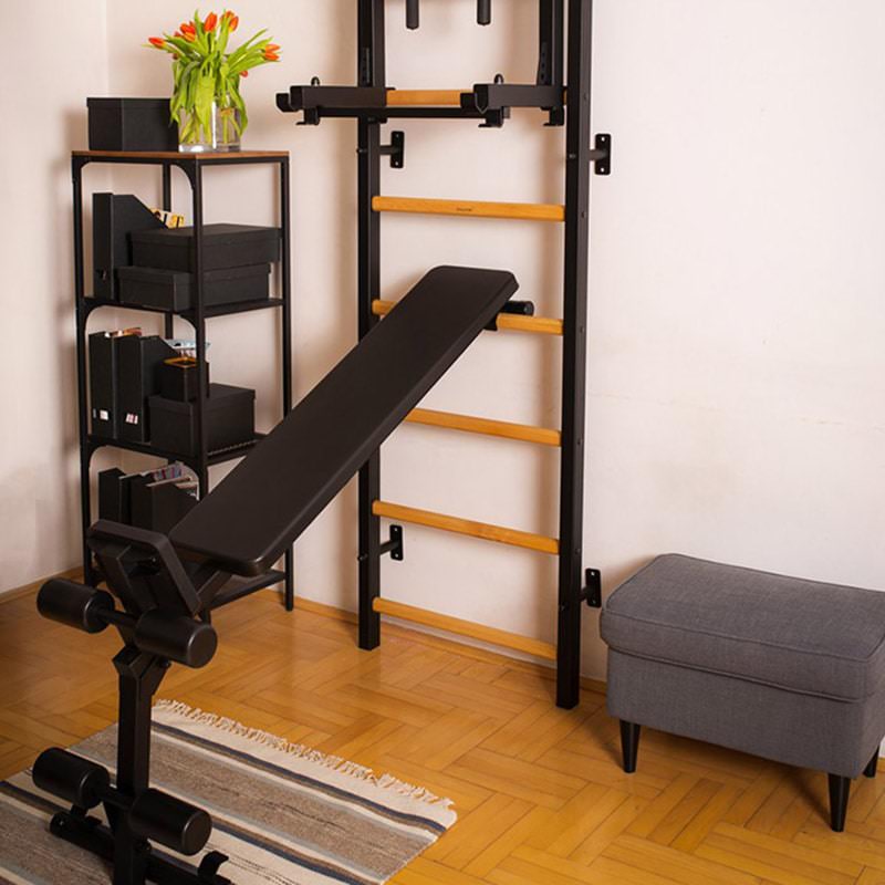 BenchK Wall Bars 733 for Home Gym Black Detailed Workout Bench Attached Unfolded
