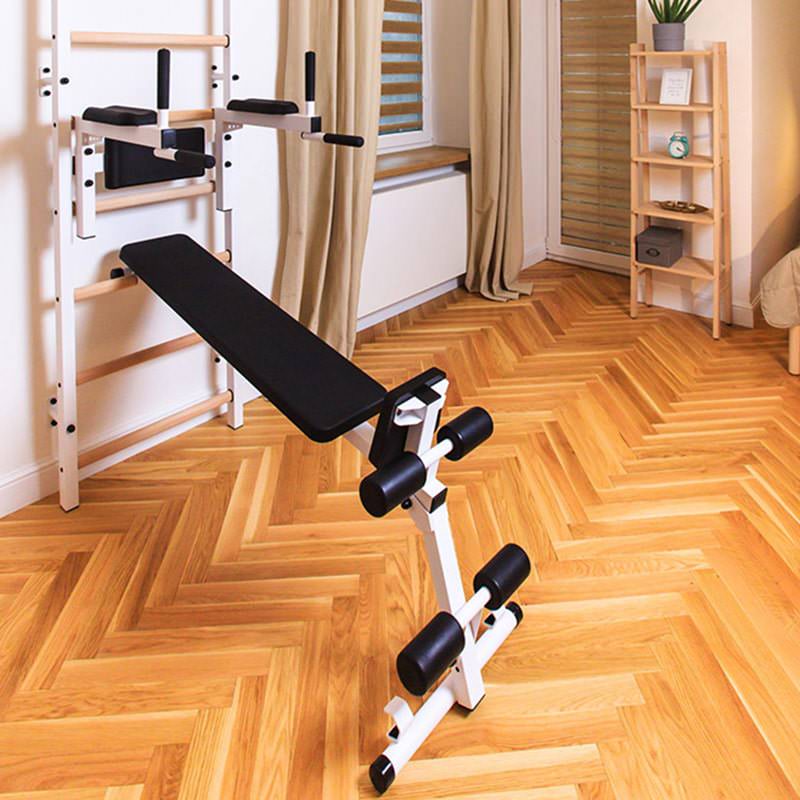 BenchK Wall Bars 733 for Home Gym White Corner View Showing Bench
