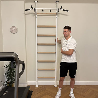 Benchk 521 Wall Bars White Front View With A Man Beside