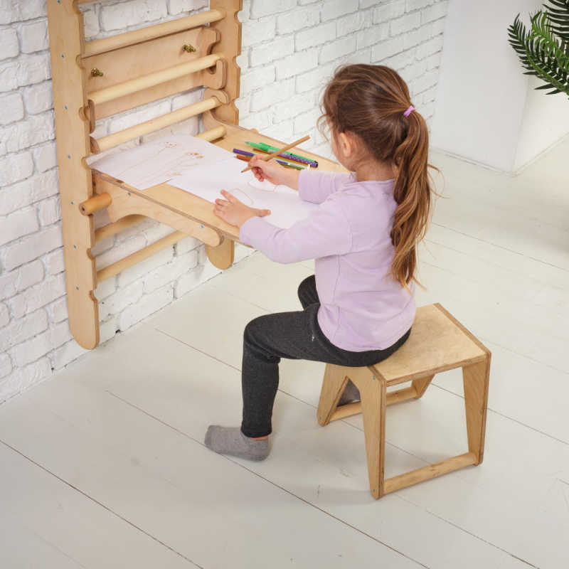 Goodevas 5 in 1: Wooden Swedish Wall Bar Set for Children with a girl writing