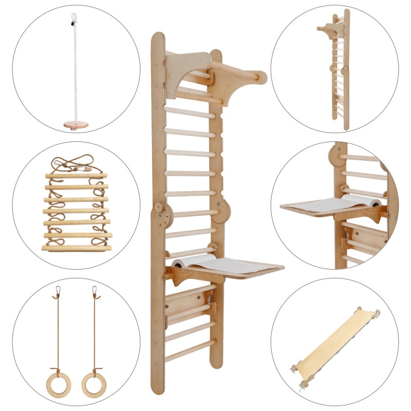 Goodevas 5 in 1: Wooden Swedish Wall Bar Set for Children with all pieces