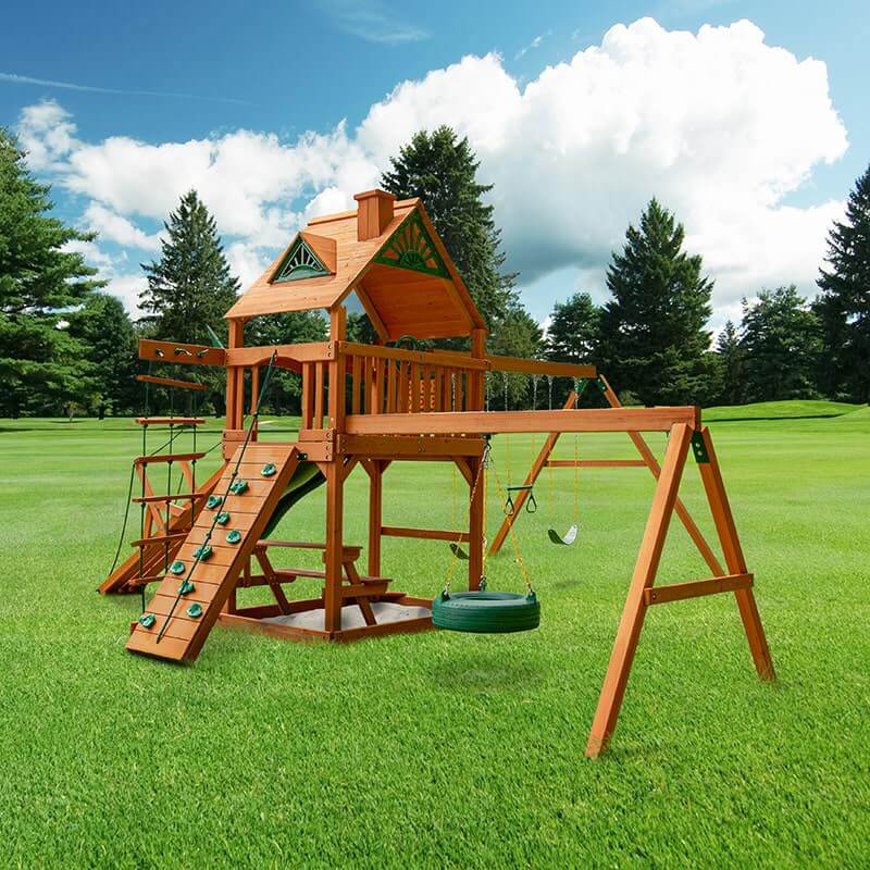 Gorilla Playsets Frontier Swingset Side View Standard Wood Roof Outdoor