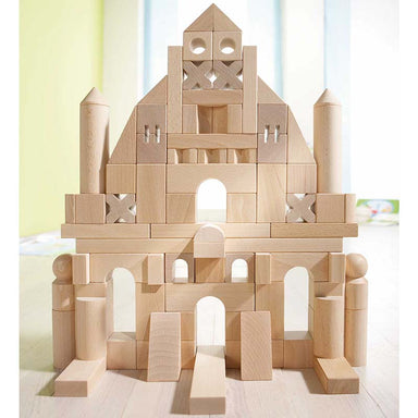 HABA USA Basic Building Blocks 102 Piece Extra Large Wooden Starter Set Front View On A Living Room
