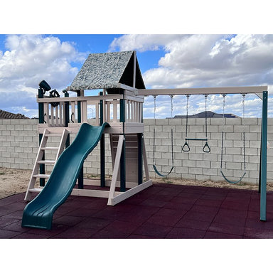 KIdwise Congo Monkey Play System #1 with Swing Beam Green And Sand Camo Tarp Front View Outdoor