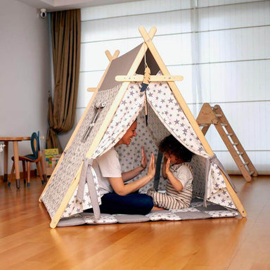 Kidodido White Stars Play Tent and Play Mat Front View Mother And Son Playing Inside The Tent