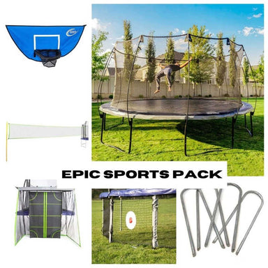 Skywalker Trampoline Epic Sports Pack -16 Round Epic Skywalker Trampoline, Basketball hoop trampoline accessory, Volleyball net accessory, multisport accessory, Kickback accessory & wind stakes