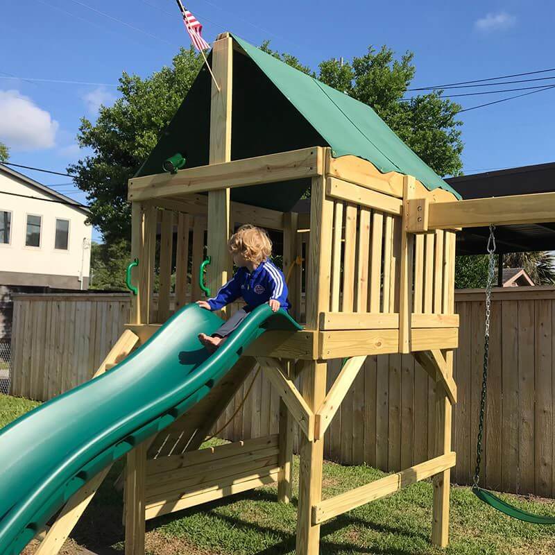 The SwingSet Co. Explorer Swing Set - Space Saver Edition Front View Up Close Outdoor