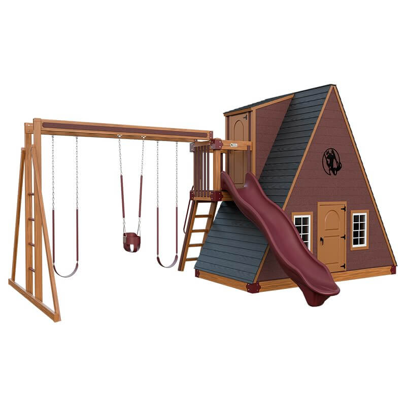 alpine retreat 2 story playhouse with slide chestnut wood red front left