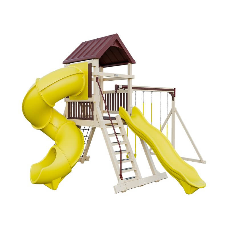 climber 55 turbo deluxe vinyl swing set almond red yellow front left