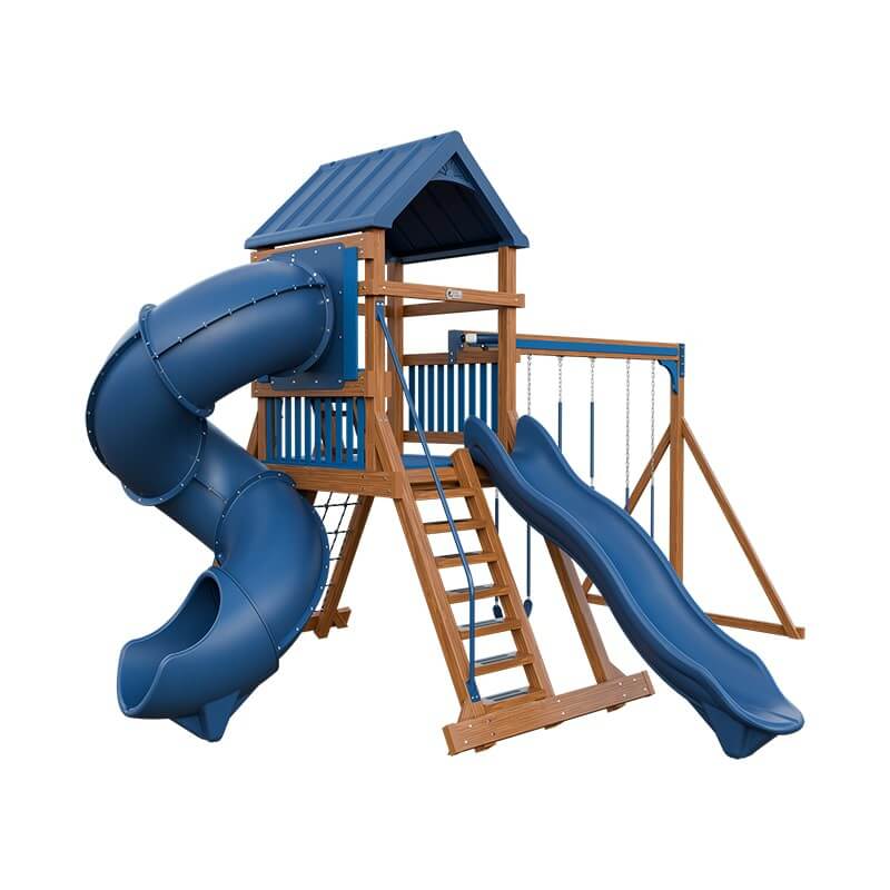 climber 55 turbo deluxe vinyl swing set chestnut wood blue front left