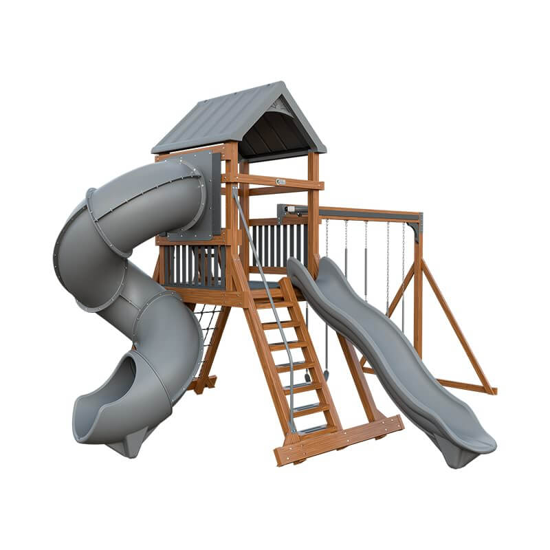 climber 55 turbo deluxe vinyl swing set chestnut wood gray front left