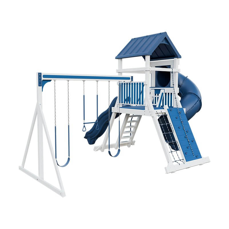 climber 55 turbo deluxe vinyl swing set white blue back left