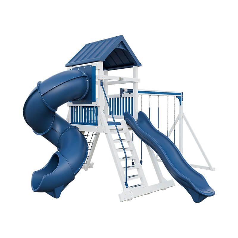 climber 55 turbo deluxe vinyl swing set white blue front left