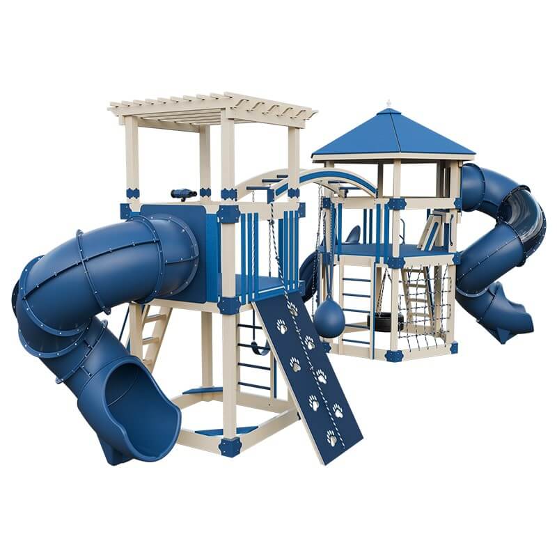 explorer vinyl outdoor playset for climbing almond blue back left