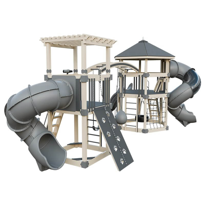 explorer vinyl outdoor playset for climbing almond gray back left