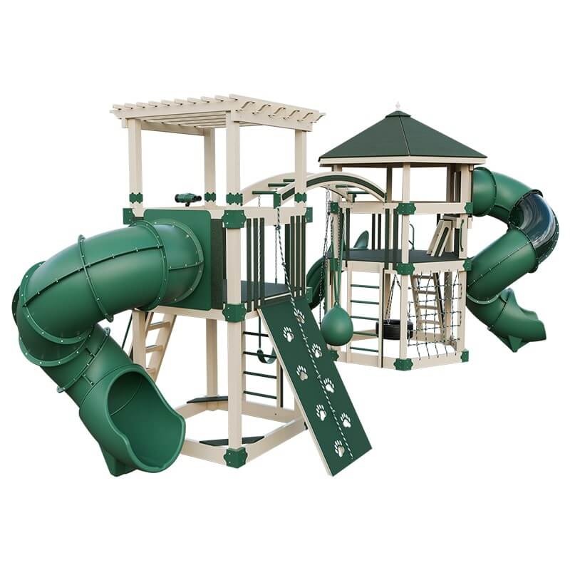 explorer vinyl outdoor playset for climbing almond green back left