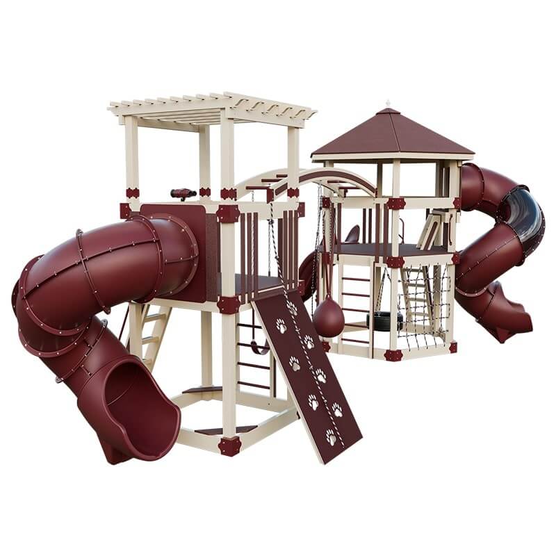 explorer vinyl outdoor playset for climbing almond red back left