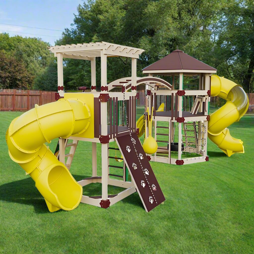 explorer vinyl outdoor playset for climbing almond red yellow back left
