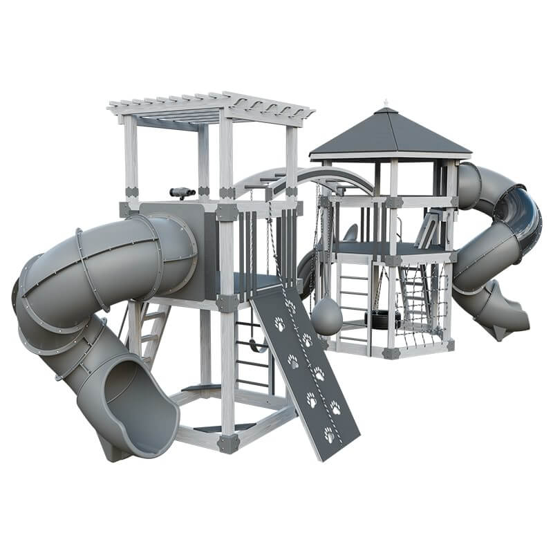 explorer vinyl outdoor playset for climbing ash wood gray back left