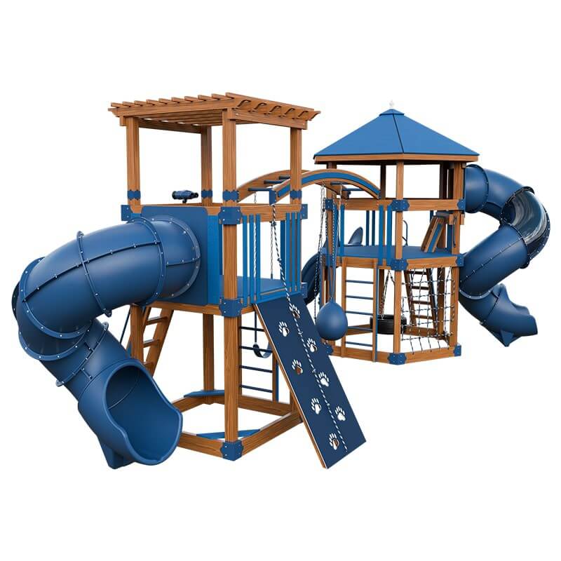 explorer vinyl outdoor playset for climbing chestnut wood blue back left