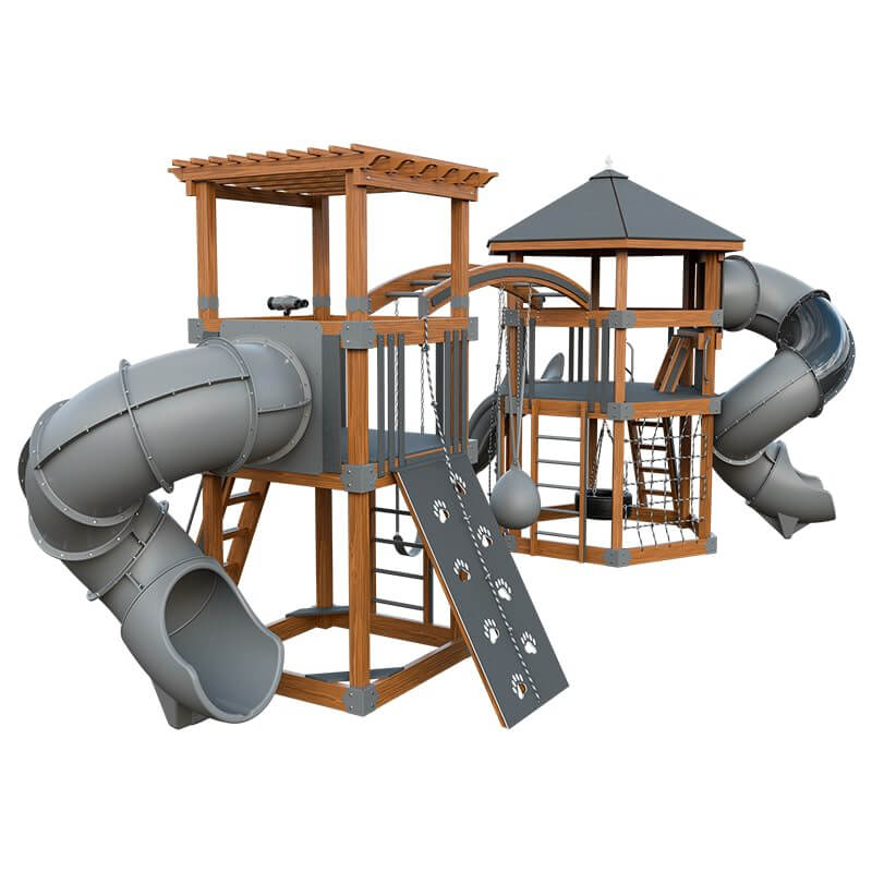 explorer vinyl outdoor playset for climbing chestnut wood gray back left