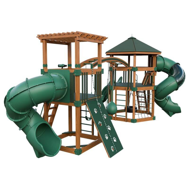 explorer vinyl outdoor playset for climbing chestnut wood green back left