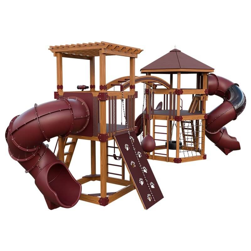 explorer vinyl outdoor playset for climbing chestnut wood red back left