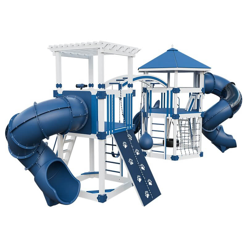 explorer vinyl outdoor playset for climbing white blue back left