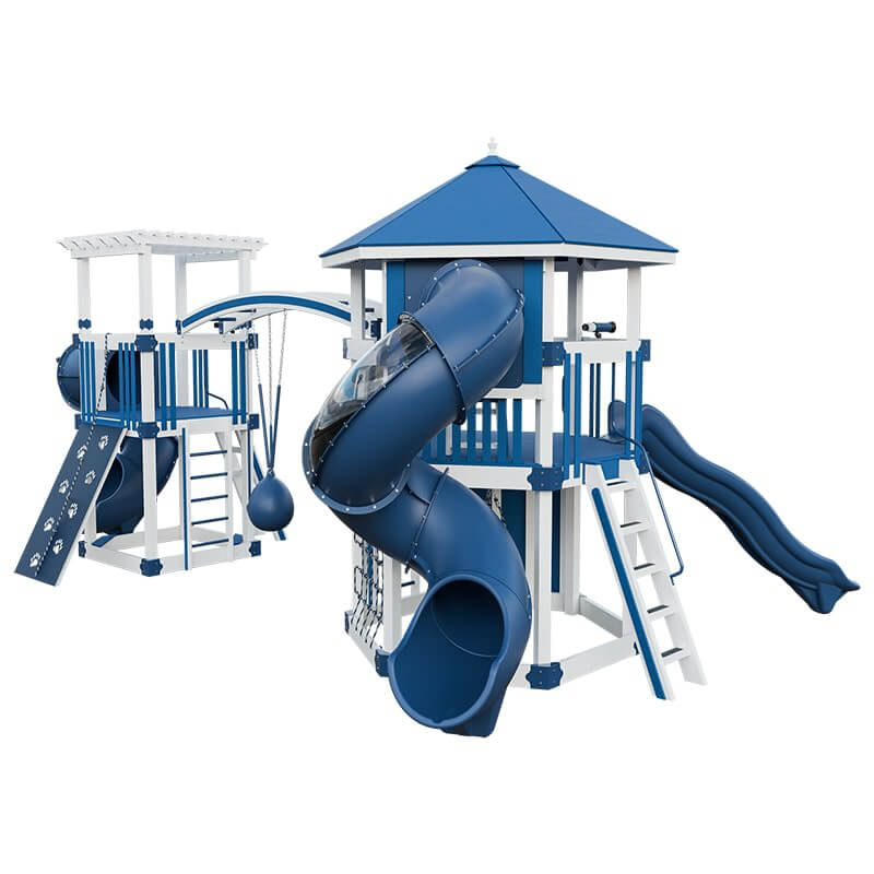 explorer vinyl outdoor playset for climbing white blue back right