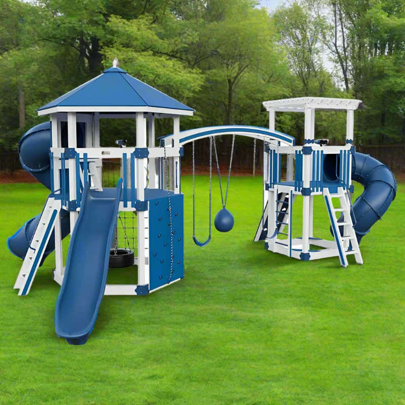 explorer vinyl outdoor playset for climbing white blue front