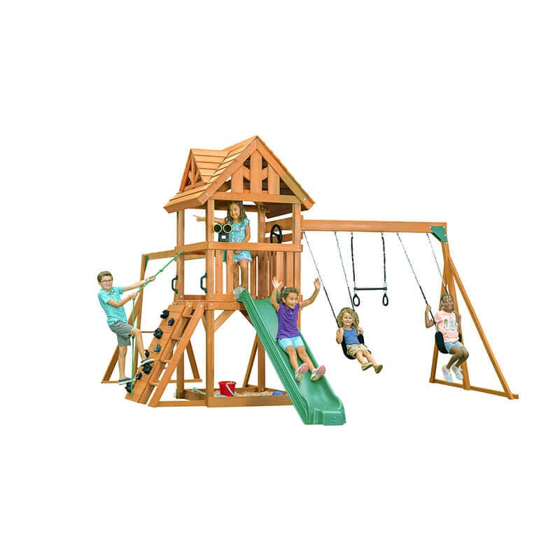 wooden swing set with kids playing