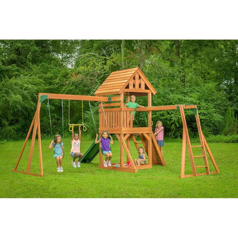 mountain view lodge wooden swing set with kids playing